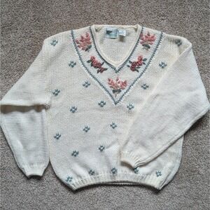VTG Shenanigans Womens Sz 22 XXL Sweater Vneck Knit Floral Cottagecore Chunky